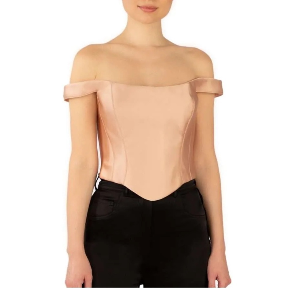 Rozie Corsets | Beige Off The Shoulder Satin Corset Top With Stitching Size: 38